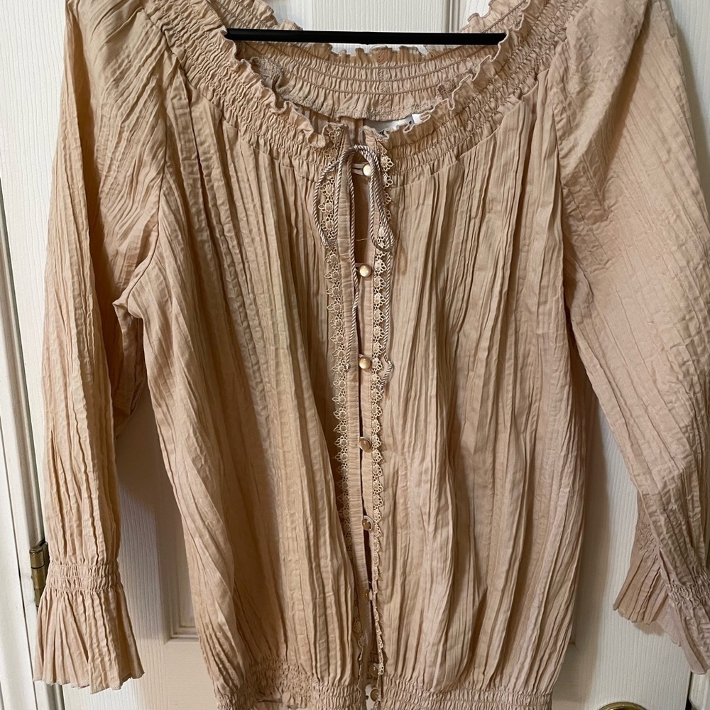 Hervé Benard Size XL Beige Peasant Blouse Boho Cottage Romantic